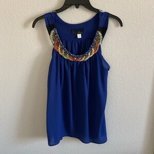 Francesca Blue Rain Shirt Women’s Blue Tank Top Beaded Sleeveless- Size Small